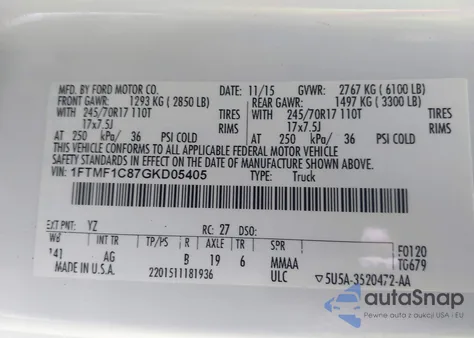 2016 Ford F-150 Xl из США, поврежденный, VIN 1FTMF1C87GKD05405